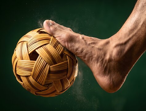 Extreme high-speed macro shot of a bare foot striking a woven rattan sepak takraw ball at the exact moment of impact. The rattan lattice visibly compressing and deforming under the instep