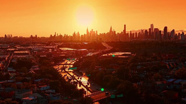 Stunning orange light of setting sun dazzles the scenery of the metropolis. Lots of cars go by the roads crossing the city. Modern New York City skyline in the backdrop.