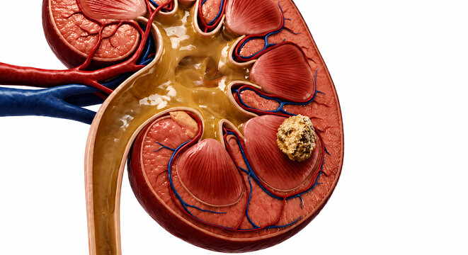 Anatomical cross section 3D rendering of human kidney showing renal cortex, medulla, pelvis, blood vessels, and kidney stone