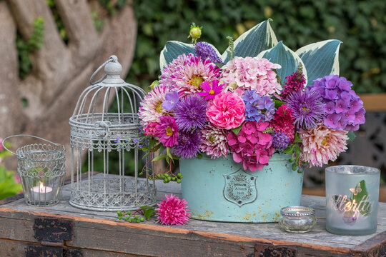 Arrangement mit Blumenstrau&szlig; mit Dahlien, Sommerastern, Rose, Dahlien, Hortensienbl&uuml;ten, Schmetterlingsbusch-Bl&uuml;ten und Hosta-Bl&auml;ttern, Windlichtern und Vogelk&auml;fig im Sommergarten am Abend