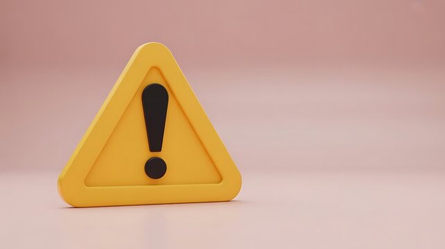 Minimalist 3d yellow warning triangle with black exclamation mark symbol isolated on a soft pastel pink background, for safety and, caution concepts