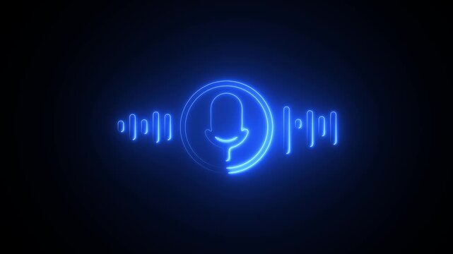 Glowing neon Voice Microphone Icon with Audio Waveform, Speech Recognition Symbol, Podcast Recording, Voice Assistant, Sound Communication, 4k animation .neon sign .