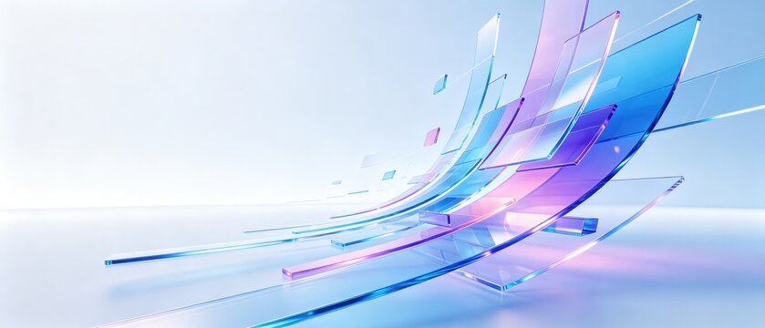 Transparent curved glass panels with futuristic blue and purple technology background, abstract digital flow, idea for AI innovation banner and business presentation