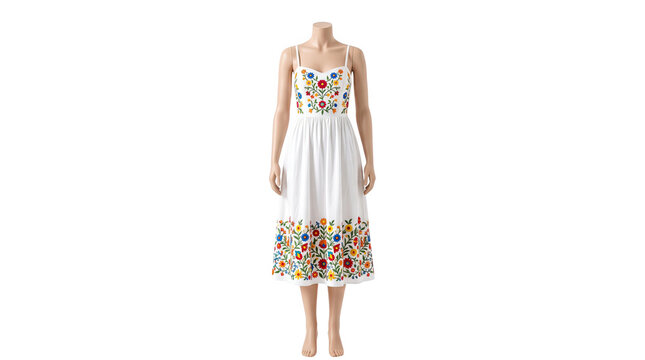White floral embroidered sleeveless midi dress on ghost mannequin