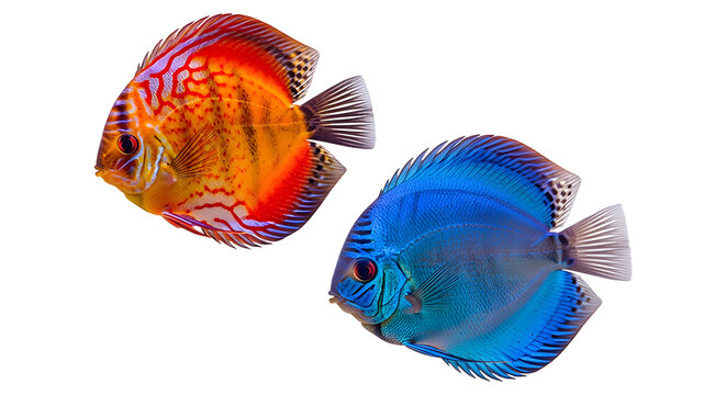 Two colorful discus fish isolated on transparent. Tropical aquarium fish with vibrant patterns.