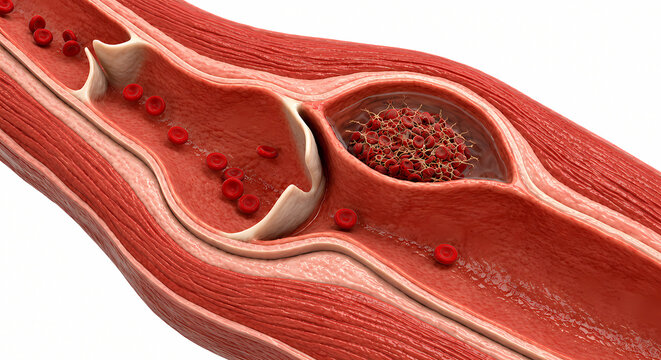 Cross section of vein with venous valve showing blood clot thrombus formation and red blood cell flow