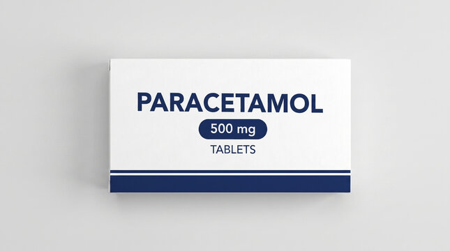 White paracetamol 500mg tablets medicine box on plain background