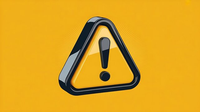 Three dimensional glossy yellow warning sign with black exclamation mark isolated on a vibrant orange background, for hazard alert notification