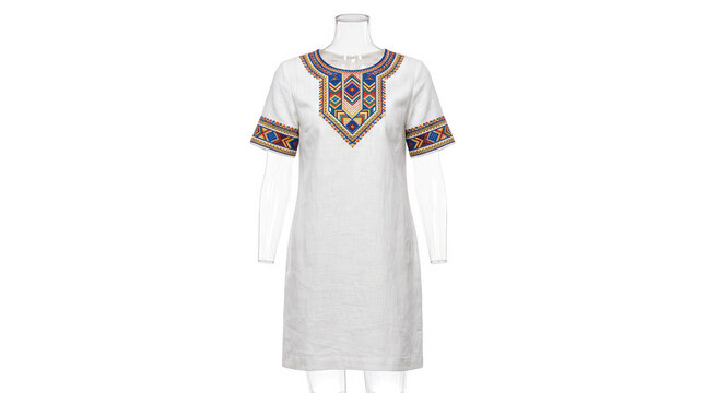 White tunic dress with ethnic embroidery on ghost mannequin
