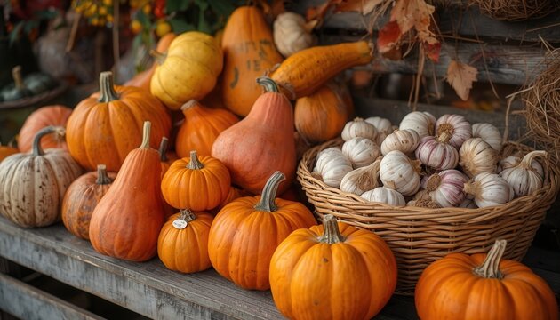 Autumn Harvest Bounty: A rich display of pumpkins, gourds, and garlic awaits the harvest season, embodying the spirit of autumn abundance and festive gatherings.