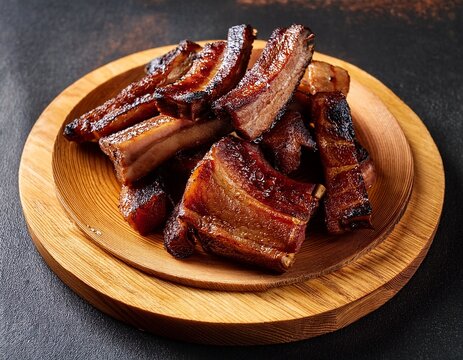 pork belly burnt ends on a wooden platter