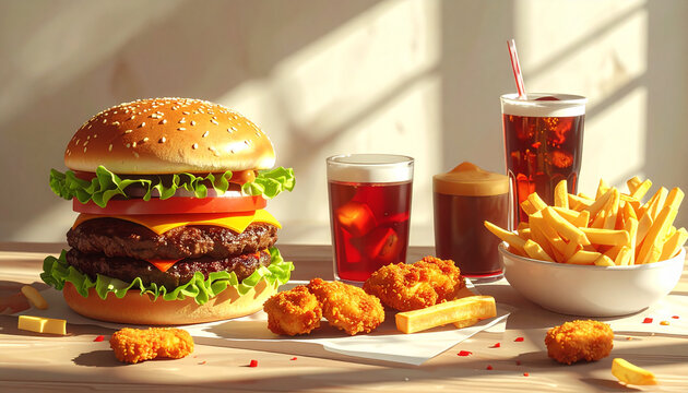 Gourmet Burger with Fries and Soda