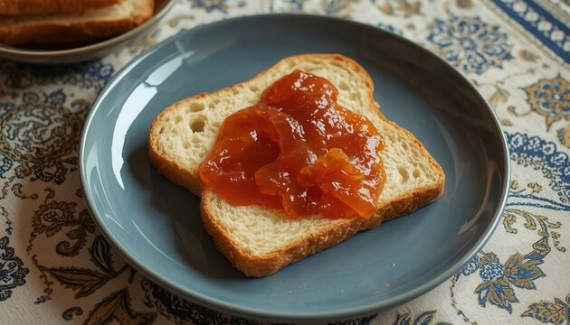 Delicious Toast with Apricot Jam: A single slice of toasted bread generously topped with glistening apricot jam, served on a textured blue plate, promising a delightful breakfast or snack
