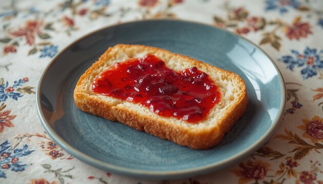 Delicious Jam on Toast: A slice of toasted bread, generously spread with a vibrant, ruby-red fruit jam, sits on a rustic blue plate, set against a floral tablecloth.