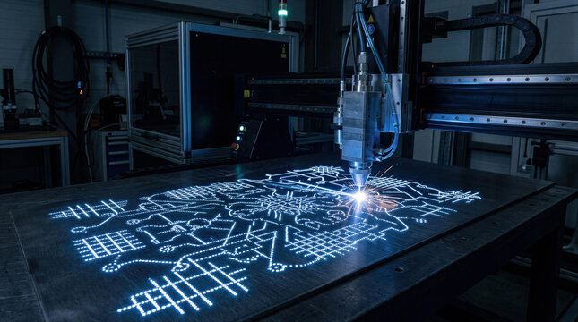 Industrial laser cutter engraving circuit board pattern on metal sheet. Computer numerical control machine manufacturing complex electronic parts. Modern metalwork and production technology.