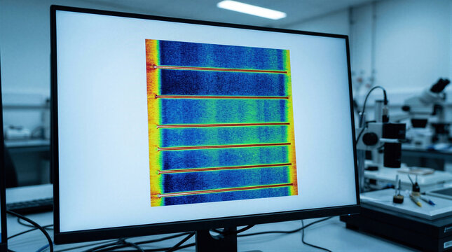 Computer screen displaying thermal imaging scan of electronic circuit. Scientific analysis of heat distribution on hardware component. Research laboratory testing for electrical engineering.