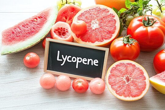 Fresh assortment of fruits and vegetables including tomatoes, watermelon, and grapefruit with a blackboard labeled lycopene on a wooden surface
