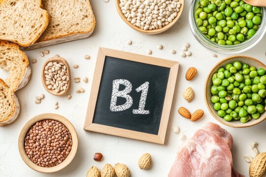 Ingredients for vitamin B1 displayed on a white surface, including legumes, green peas, nuts, bread, and a small blackboard labeled B1