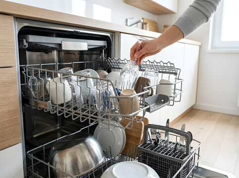 Person Loading Glassware into Built in Dishwasher | Open Modern Dishwasher Loaded with Clean Dishes | Kitchen Chores Loading Glassware into Dishwasher | Unloading Clean Glassware from Modern Dishwashe