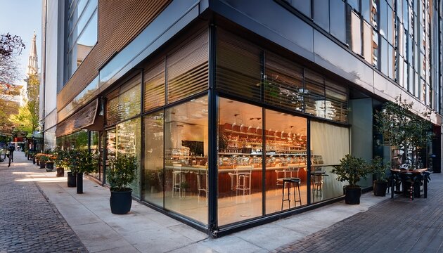 corner cafe with glass exterior and cozy interior design on a bustling urban street