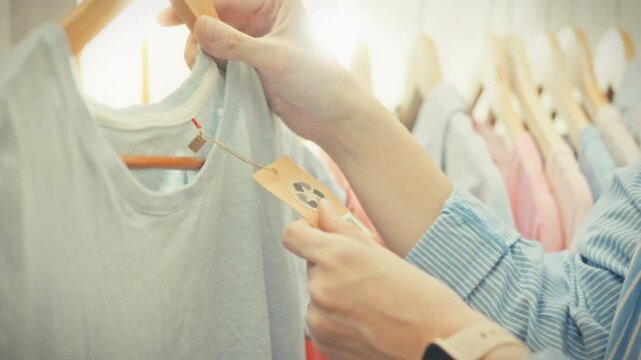 A young woman looks closely at a recycling symbol on a clothing tag in a retail store against a background of multiple items hanging on racks. Concept of conscious shopping and sustainable fashion