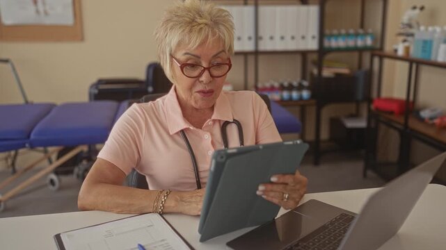 Woman physiotherapist holding tablet and pointing finger to screen at desk with laptop and clipboard in studio; remote care reassurance.