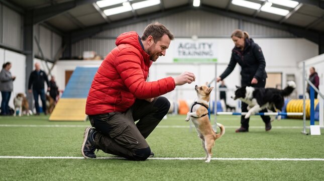 Man training chihuahua dog in agility facility. Trainer giving treat to pet for exercise. Pet behavior education and professional animal instruction for competition in indoor park.