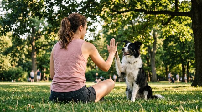 Woman training border collie in park. Girl teaching dog to do high five trick on green grass.