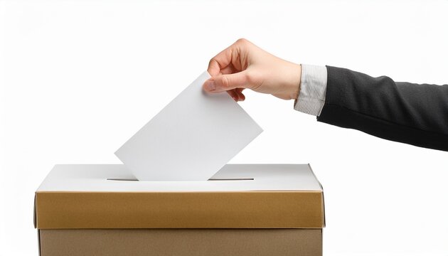 hand inserting folded ballot paper into voting box slot isolated on white background cutout background