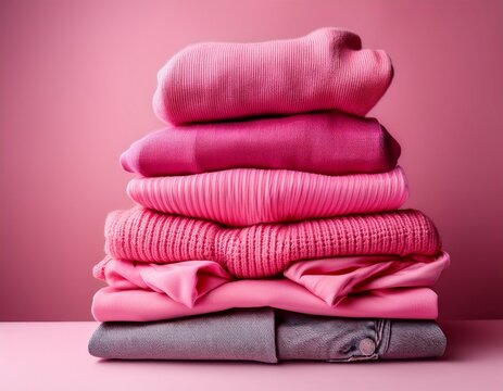 capture the essence of fast fashion and overconsumption with a vibrant stack of pink clothing on a matching pink background ideal for fashion industry visuals