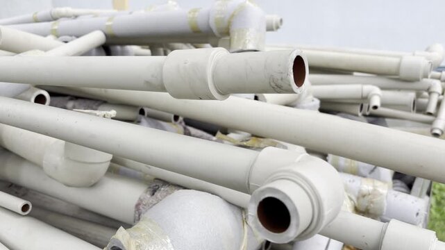A pile of disassembled plastic water pipes with foam thermal insulation lies stacked outdoors. These plumbing materials are collected and prepared for waste management