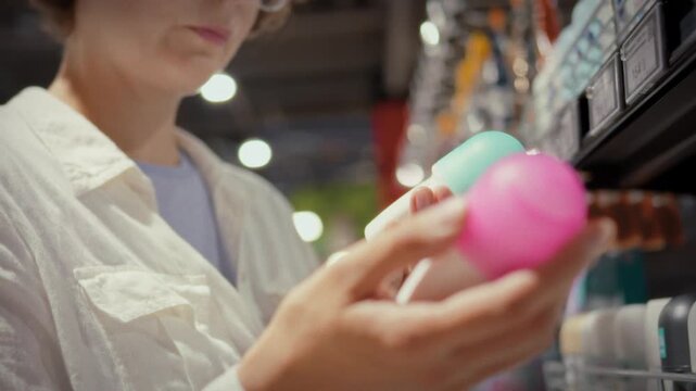 A young woman reads the label on a deodorant package while shopping for essentials in a modern shopping center during the day. Concept of hygiene awareness