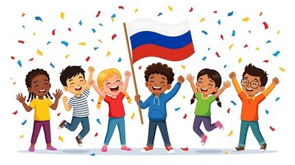 Fototapeta premium Diverse group of happy children jumping and celebrating with a national flag and colorful falling confetti illustration