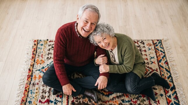 Happy elderly couple sitting together on a colorful patterned rug while laughing and smiling in their bright comfortable modern home