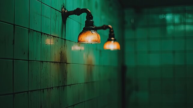 Two antique wall lights illuminate a teal tiled corridor.