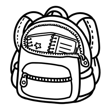 Black and white coloring page illustration of an open school backpack filled with spiral notebooks and study supplies. Clean bold outlines, simple hand-drawn style