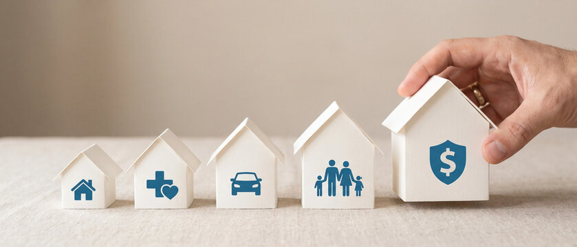 Hand placing a house model with a dollar sign shield icon, representing financial protection, insurance, and investment planning