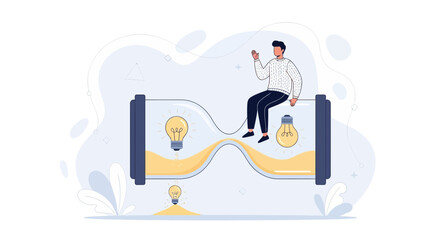 Obraz premium Man on Hourglass with Lightbulb Ideas Symbolizing Time Management and Innovation