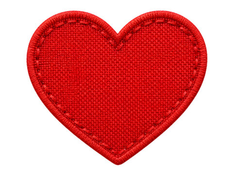 Red heart fabric patch. Embroidered heart shape isolated on white background.