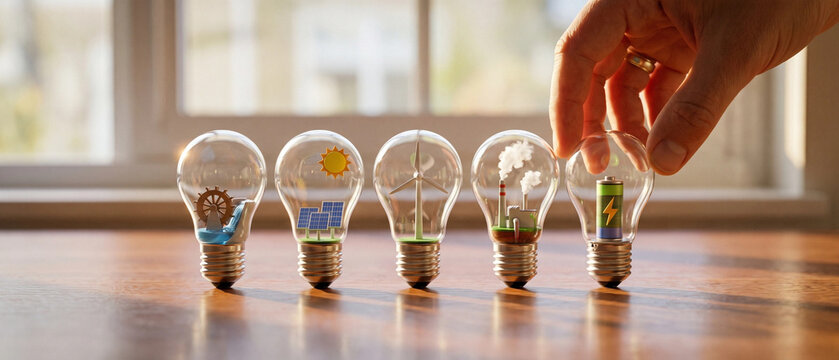Conceptual image of light bulbs containing different energy sources including renewable and nonrenewable options
