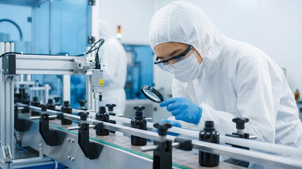 Fototapeta premium Scientist in protective suit inspecting medical vials in laboratory.