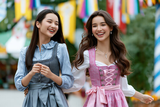 Two young women in traditional bavarian dirndls laughing while practicing oktoberfest dance outdoors during a festive cultural celebration