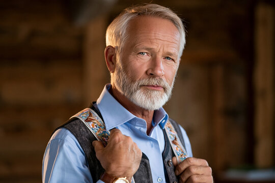 Senior bavarian man in traditional lederhosen adjusting embroidered suspenders before oktoberfest celebration with confidence and cultural pride