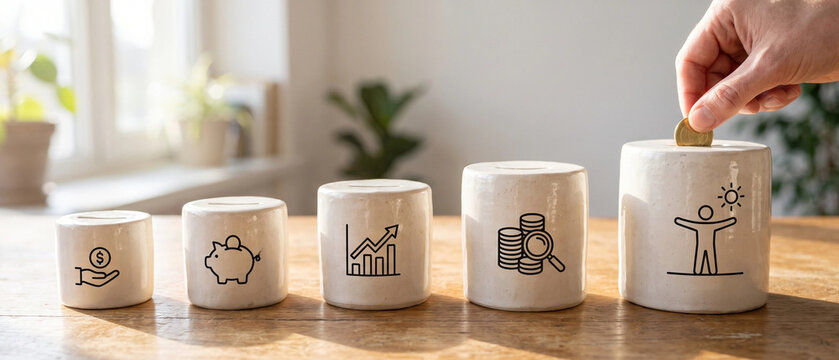 Hand putting a coin into a piggy bank jar with icons representing financial growth, savings, investment, and personal success