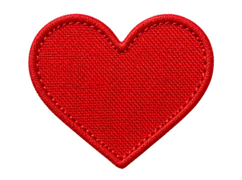 Red heart patch isolated on white. Embroidered fabric heart shape with stitched border.