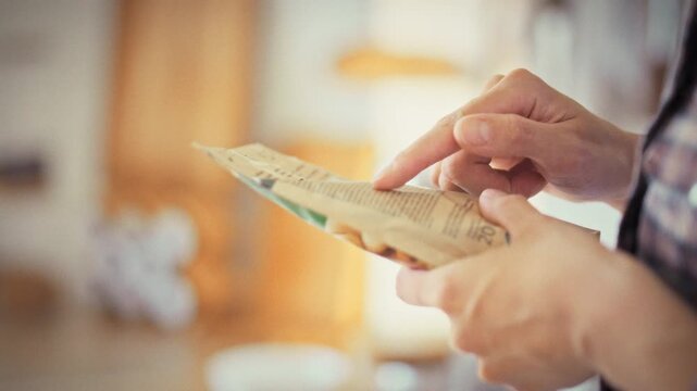 Examining the soft plastic packaging, a girl in her bright daytime kitchen studies the product's nutritional label, carefully assessing composition to make a conscious, health-focused food choice
