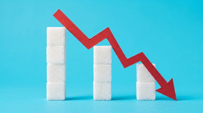 Sugar reduction concept with red arrow pointing down over white cubes, declining sugar consumption graph, healthy lifestyle and diabetes prevention