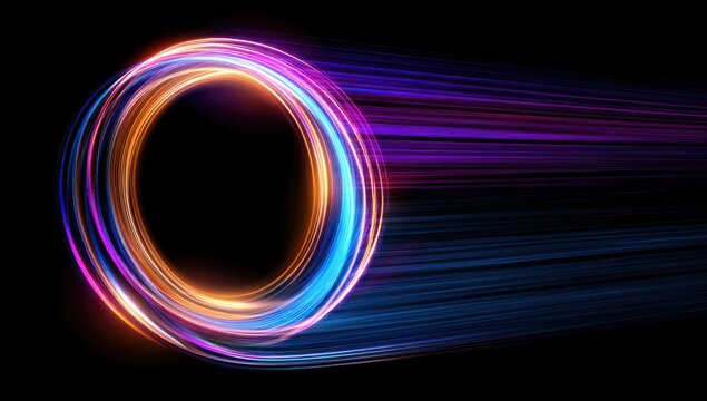 Abstract neon light trails forming a circular motion effect with speed lines on a black background