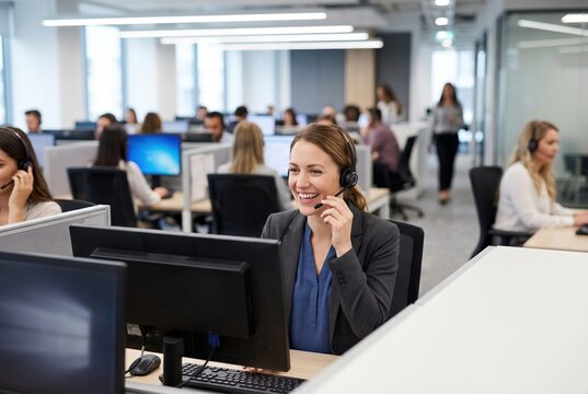 Smiling customer support agent wearing headset in busy call center