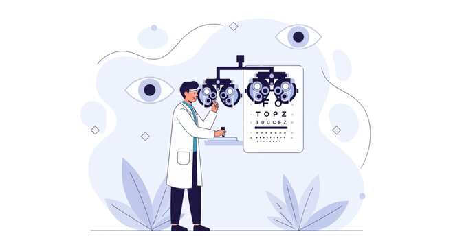 Optometrist performing eye exam with phoropter and eye chart, modern flat illustration style